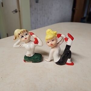 Vintage Set 2 MCM Telephone Girls Ceramic Figurines Made In Japan 3.5”T
